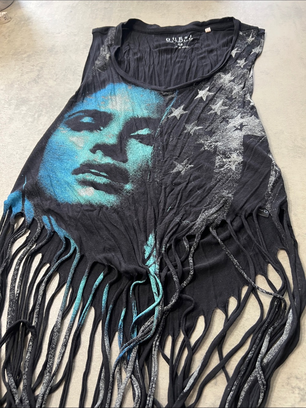 Guess Black Fringe Camisole with Teal Face and Silver Star Print